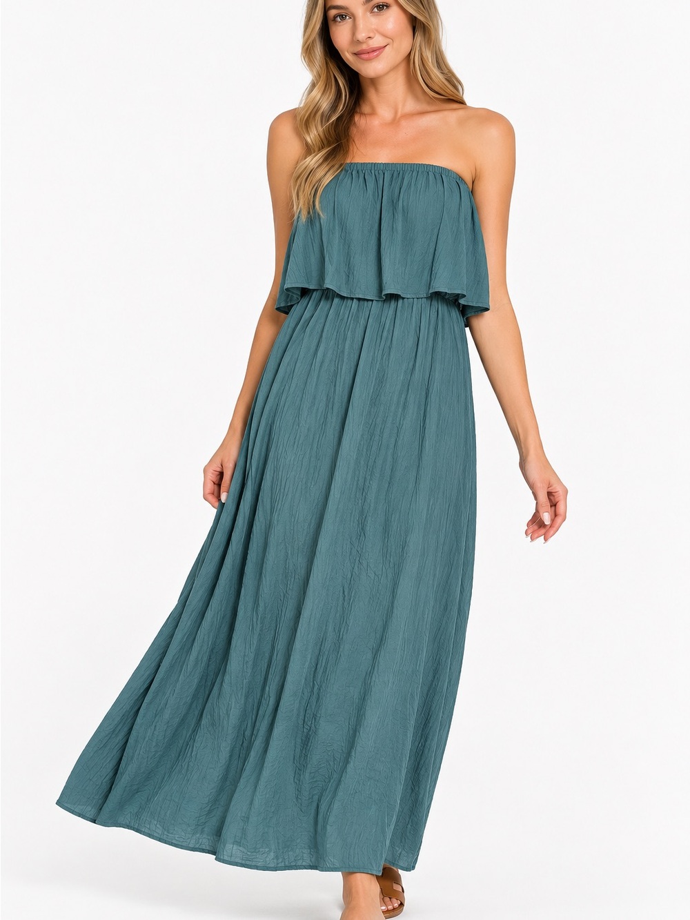 Zenana Woven Crinkle Off-Shoulder Maxi Dress – dusty teal sz M NWT